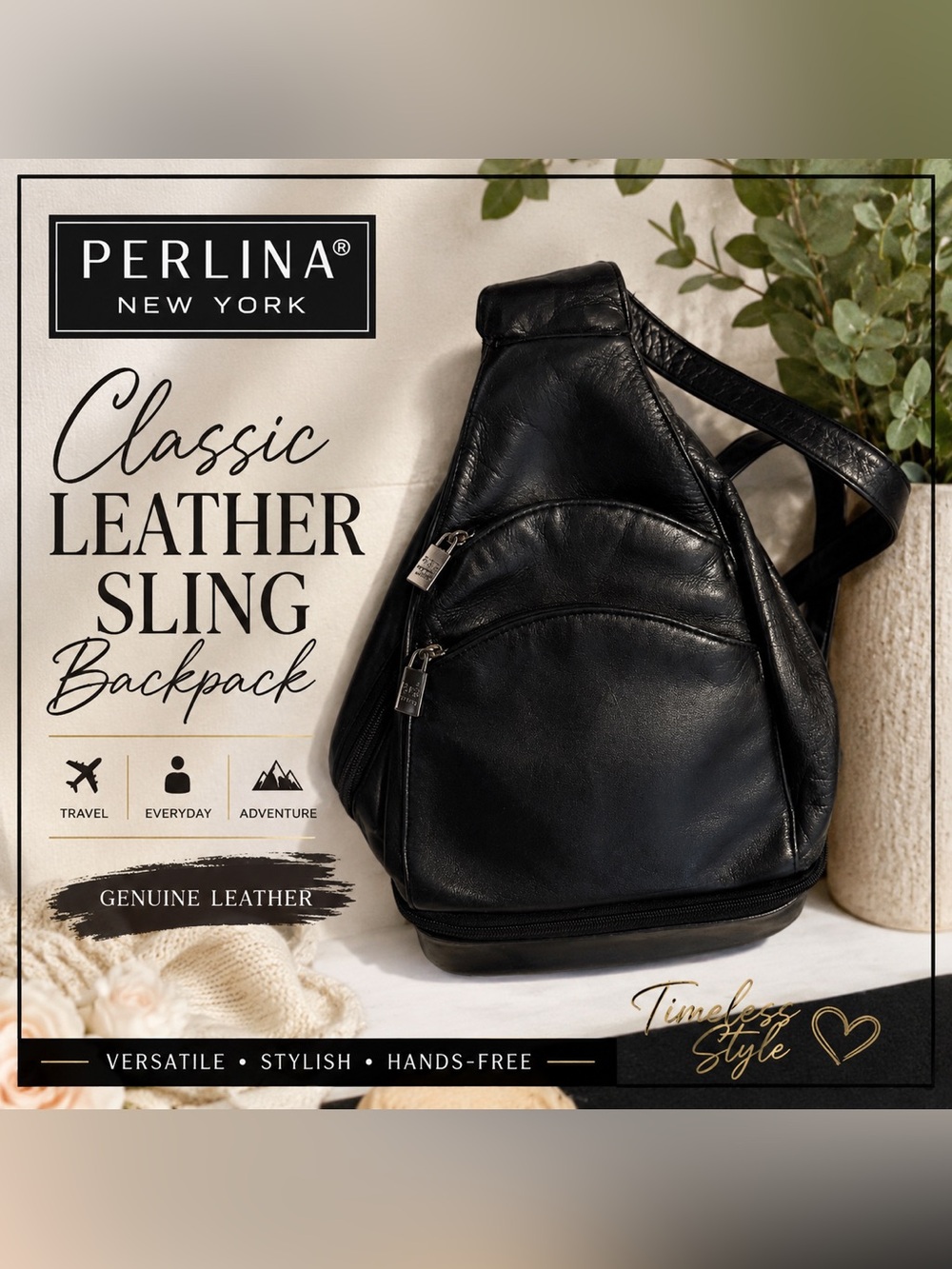 Perlina New York Black Genuine Leather Sling Backpack Crossbody Convertible Bag